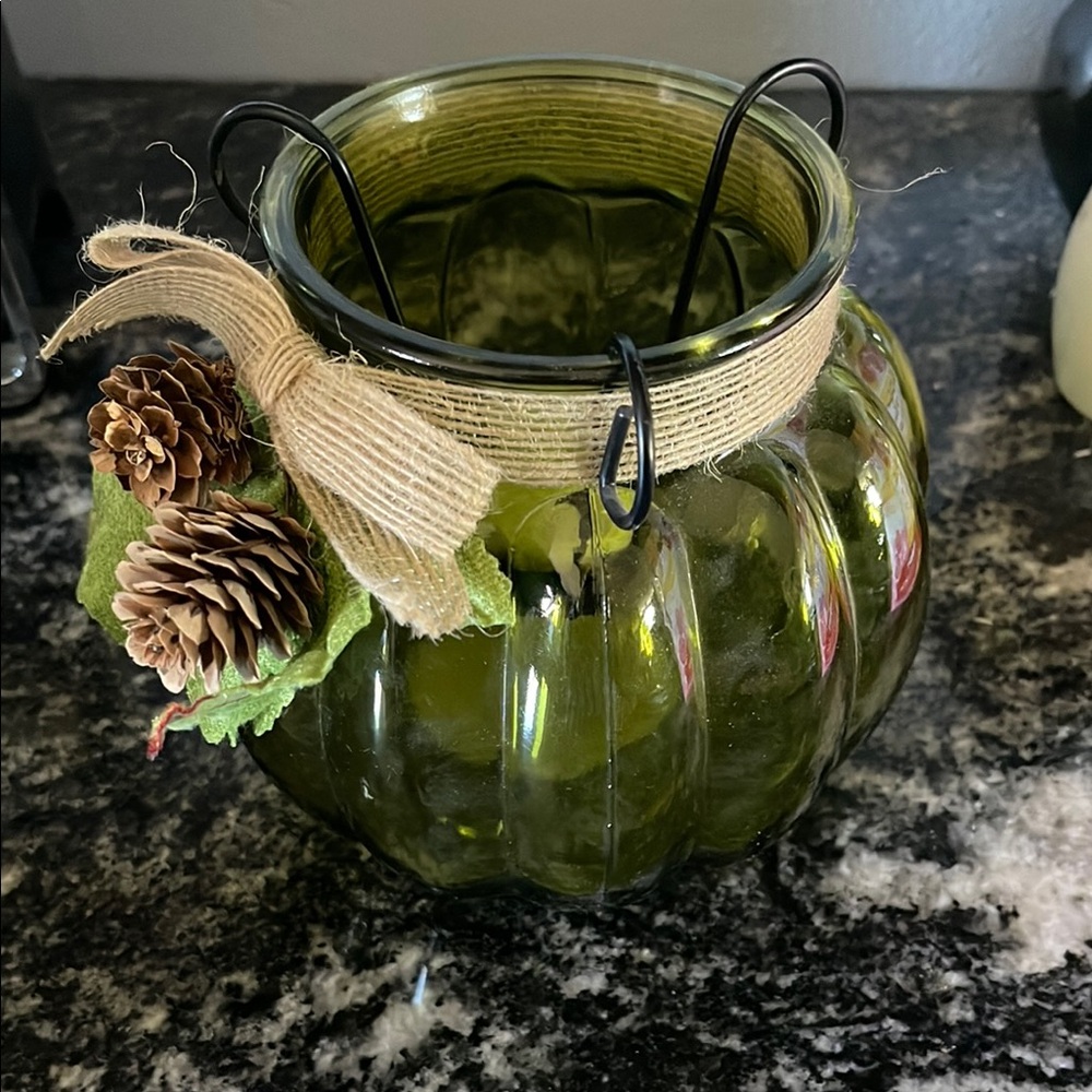 Green Pumpkin Glass Lantern with Pinecone Decor